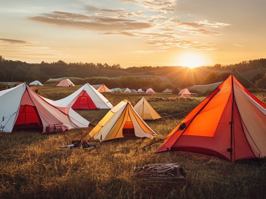 Groepskampement met tenten in open veld met zonsondergang
